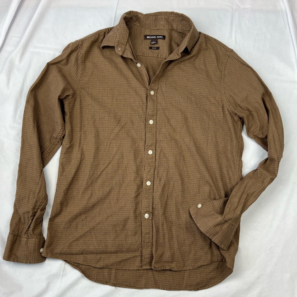 Michael Kors Men's Brown Plaid Long Sleeve Slim Fit Button Shirt - Large